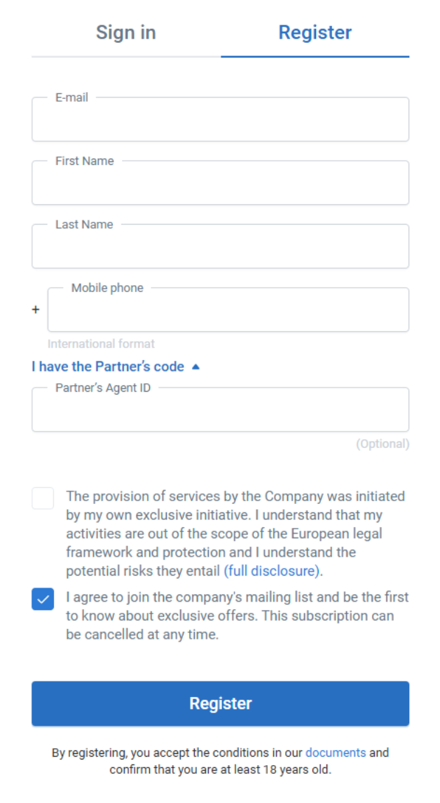 Форма регистрации RoboForex
