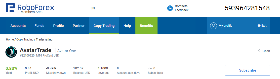 Карточка AvatarTrade и кнопка Subscribe